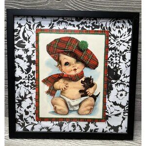 Framed Vintage Baby in Scottish Hat & Scarf Wall Decor Retro Cute Kitschy Art